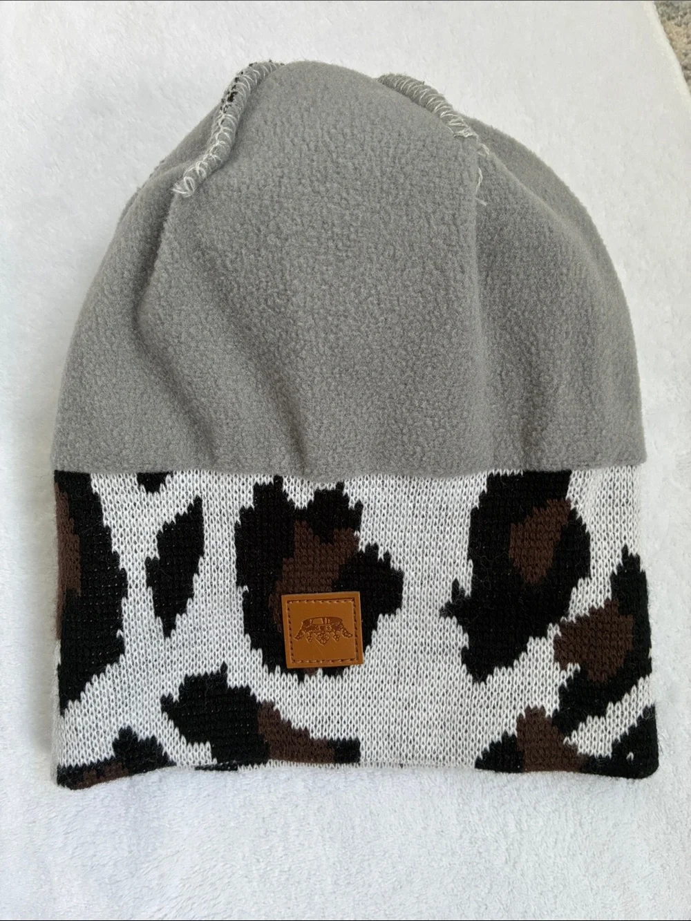 Panache Leopard Pattern Pom Pom Winter Hat in Black/Brown/White, NWOT